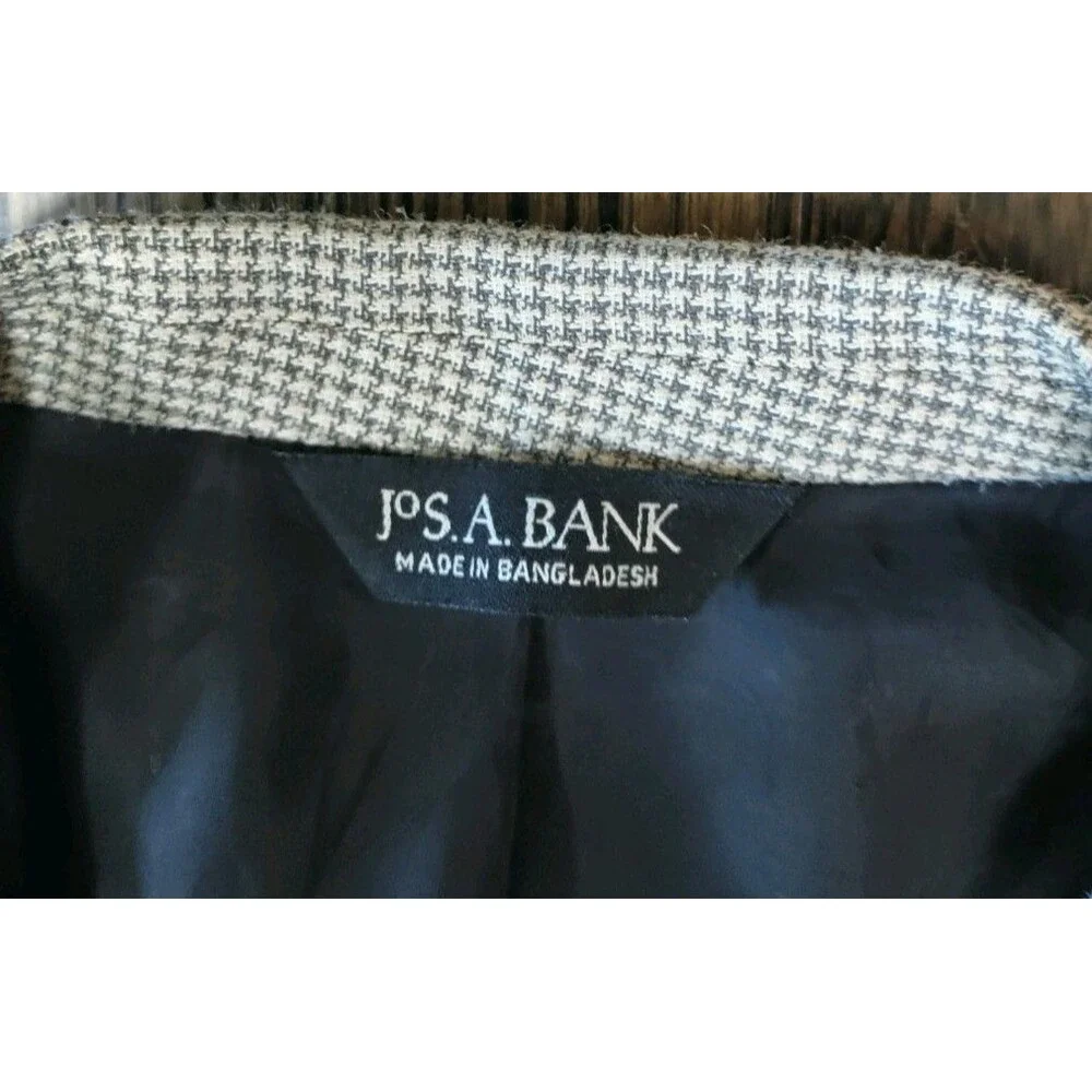 Jos. A. Bank Suit Jacket Blazer Mens 44R Beige Brown Houndstooth Silk Wool Blend